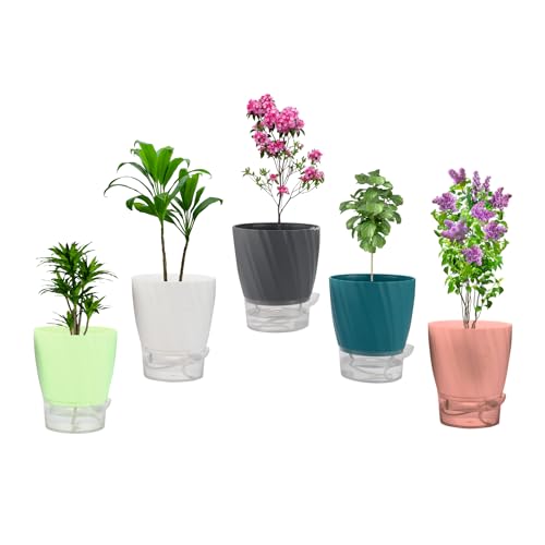 Image of INKULTURE Self Watering Flower Pots for Plants, Home Indoor & Outdoor Planters, Terrace, Garden Etc | Pack of 05 | Multicolor | Plastic | 07 inch X 6.5 inch