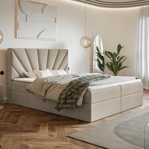 MOTIVENA Aspen Boxspringbett 180x200 mit Bettkasten und Topper, Polsterbett 180x200 mit Bettkasten, Bonellfederkern-Matratze (H4), T28 Komfortschaumstoff Topper (H3), Samt, Beige MOTIVENA Aspen Boxspringbett 180x200 mit Bettkasten und Topper, Polsterbett 180x200 mit Bettkasten, Bonellfederkern-Matratze (H4), T28 Komfortschaumstoff Topper (H3), Samt, Beige