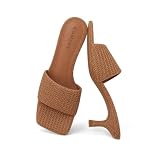COMJUY Tan Womens Heeled Sandals Kitten Heels Breathable Braided Sandals Square Toe Cute Beach Summer Walking Sandals