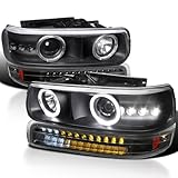 SPEC-D TUNING Black LED Halo Projector Headlights + LED Bumper Lights Compatible with 1999-2002 Chevy Silverado 1500 2500 3500, Left + Right Pair Headlamps Assembly