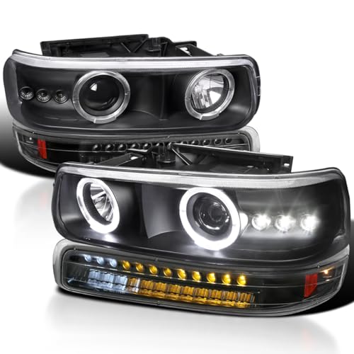 Spec-D Tuning Black LED Halo Projector Headlights + LED Bumper Lights Compatible with 1999-2002 Chevy Silverado 1500 2500 3500, Left + Right Pair Headlamps Assembly