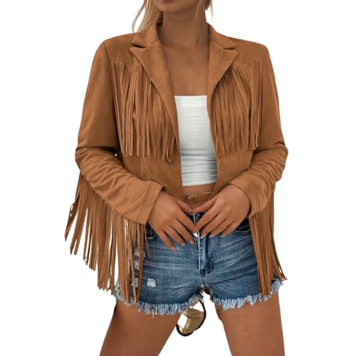 Veste Femme Vintage à Franges - Blouson Court d'Extérieur - Faux Cuir Souple - Manteau Léger Mi-Saison - Style Western Chic pour Voyage Loisirs Veste Courte...