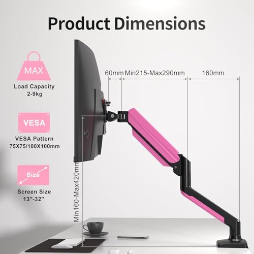 suptek uchwyt na monitor 13-32 cali LED LCD do 9 kg, ramię z gazową sprężyną, obrotowy 360°,regulowany wysokością,uchylany, nachylony, uchwyt do monitora VESA 75x75/100x100 mm,czarny różowy MD01ABP