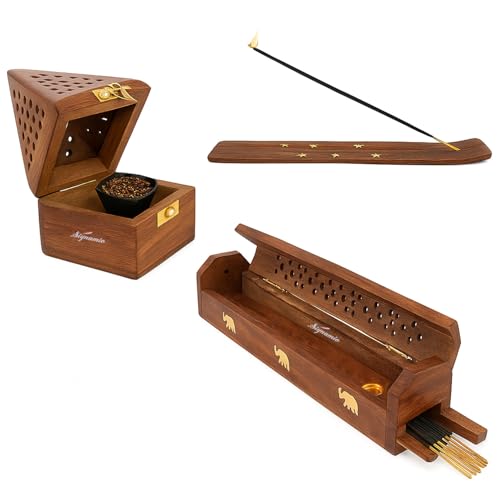 SIGNAMIO® 3 Pcs Premium Wooden Sambrani Dhoop & Incense Stick Agarbatti Holder Set: Agarbatti Stand with Ash Catcher, Pooja Room Decoration Essential, Pooja Thali Accessories, and Mandir Decor Items