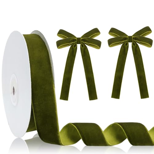 25mm x 10 Yards Olive Green Ghristmas Velvet Ribbon for Xmas Gift Wrapping, Bow Making, Gift Wrapping, Bouquets Bundling, Wedding Decoration and Crafts