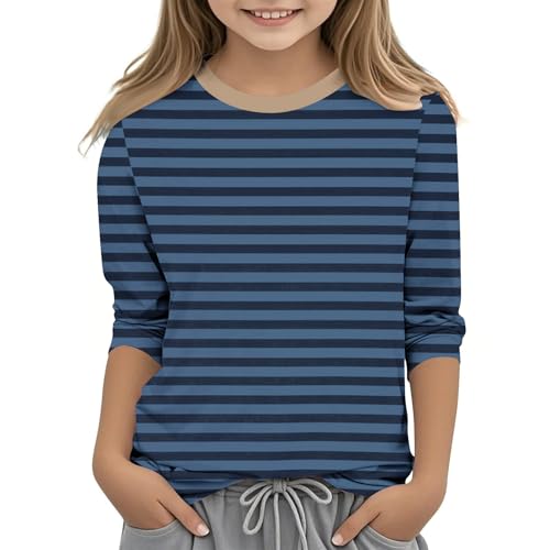 Shirt for Girls Fashion Cute 3/4 Sleeve Striped Print Shirts Kids Casual Crewneck Soft Comfy Solid Color Tunic Tops
