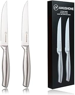 AMUSHOME Steak Knives Set of 2 -Stainless Steel Serrated Kitchen Steak Knife-Ergonomic Non-Slip Handle , Rust-Proof & Scratch-Resistant