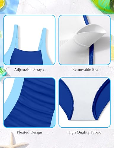 Image of Girl Swimsuit One Piece Bathing Suit for Girls Solid Color Ruched Adjustable Straps Padded Swimwear 9-18y