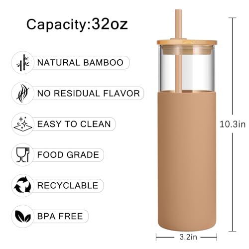 Tronco 32 oz Glass Tumbler with Straw and Bamboo Lid, Iced Coffee Cup Reusable, Smoothie Cups, Tumbler with Silicone Protective Sleeve - BPA Free（Gravel Ash） by Tronco - Image 3