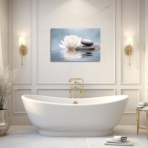 LZIMU Zen Wall Art Lotus Flowers Stones on Water Pictures Water Lily Canvas Prints Bathroom Decor Spa Artwork for Yoga Studio Meditation Spiritual Room Framed (Zen-1 - Image 2
