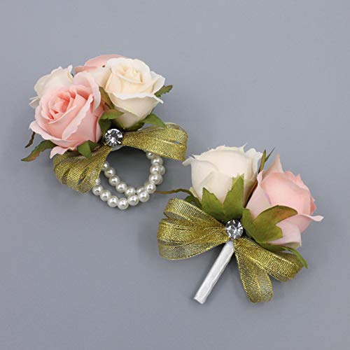 Abbie Home Prom Rose Corsage Boutonniere Set Real Touch Flowers For Party Ball Dancing Wedding With Lace Bow Décor (Pink+Champagne) #TOP14