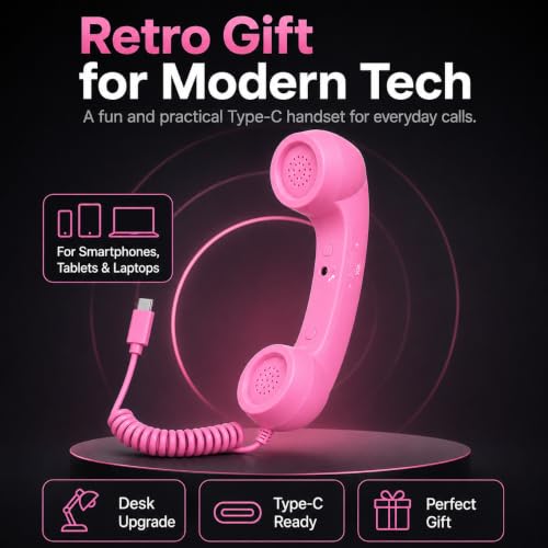 Image of Street27 Retro Phone Handset Compatible with Type-C Smartphones, Tablets & Computers, Corded Telephone Receiver with Noise Reduction, Volume Control & Answer Button for Calls and Meetings (Pink)