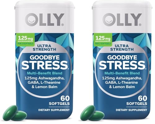 Image of OLLY Ultra Strength Goodbye Stress Softgels, GABA, Ashwagandha, L-Theanine and Lemon Balm, Stress Relief Supplement - 60 Count (Pack of 2)