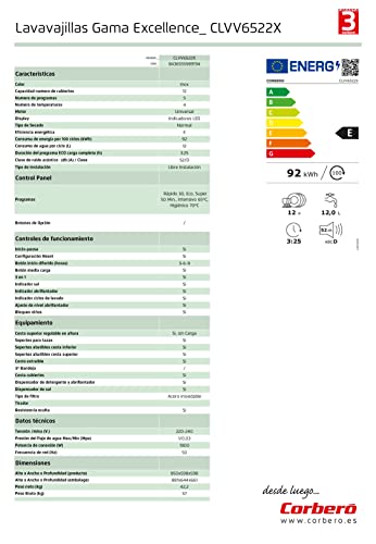 Corbero-CLVV6522X-Lavavajillas-Gama-Plus-60-cms-12-Cub-5-Prog-4-Temp-Indicadores-LED-Inox-Inicio-Diferido-Media-Carga-Cesta-Superior-regulable-en-Altura-52-Db-E-energetica-E