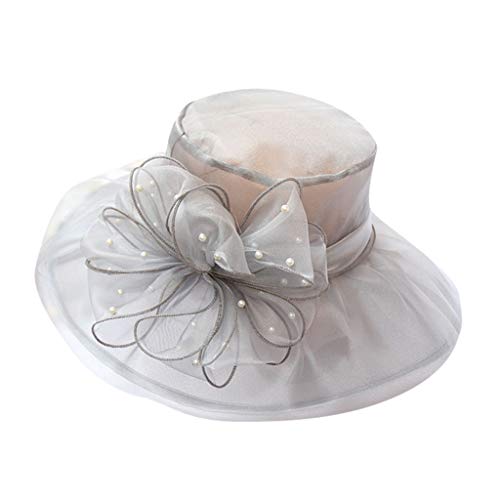 Ymbekr Womens Organza Church Fascinator Hats for Bridal Tea Party Accessories Summer Wedding Fashionable Fedora Derby Cap (Grey, One Size)
