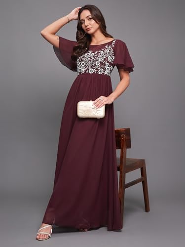 Image of Miss Chase Women's Round Neck Sleeve Embellished Fit Flare Maxi Dress