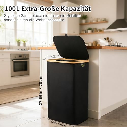 Gelber Sack Ständer 100L mit Deckel - Mülleimer für Gelbe Säcke, Bambusrahmen, Fester Stand & Klettverschluss auf Rückseite, Müllsackständer für Küche & Haushalt - Mit Waschbare Innentasche - Schwarz