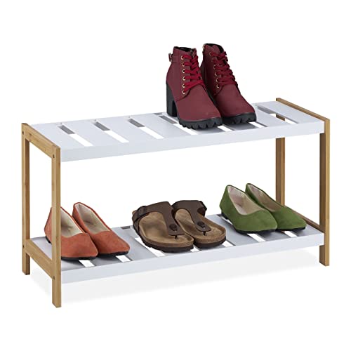 Relaxdays Estante Zapatero, 2 Niveles, 6 Pares de Zapatos, 35,5 x 70 x 26,5 cm Aprox., MDF y Bambú, Blanco y Natural