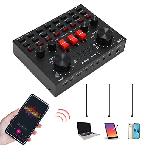 Live Sound Card, 16 Sound Effects V8S Voice Changer Sound Card Connection, 8 Fun Modes, Sound Mixer Board for Karaoke, Light Design