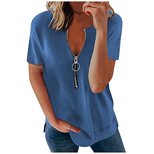 Womens Short Sleeve Tops,Women Summer T Shirts Short Sleeve V Neck Waffle Knit Tunic Blouse with Zipper Cold Shoulder Tops