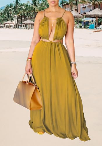 Image of Unybwonn Womens Summer Dress Spaghetti Strap Halter Sleeveless Sexy Cutout Boho Maxi Sundress Beach Vacation Dresses