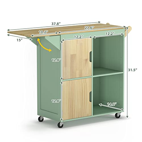 Usinso Rolling Kitchen Island, Kitchen Island Storage Cabinets On Wheels With Drop Leaf Countertop, Handle Racks, Caster Liquor Cart Suitable For Placing (Green) #TOP6
