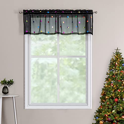 Black Kitchen Valances Curtain 15" Colorful Metallic Polka Dots Printed Holiday Season Cafe Sheer Valance For Bathroom Rod Pocket Linen Texture Window Treatments For Bedroom, 56" W 1 Panel #TOP7