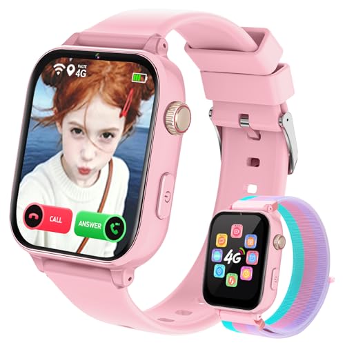 Smartwatch für Kinder GPS und Telefon, 4G Kinderuhr mit Videoanruf Voice Chat Spiele Schulmodus Wecker Schrittzähler Taschenrechner, Smart Watch für Kids Mädchen Jungen 4-12 Jahren (Rose-4A)