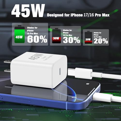 Image of 45W iPhone 17 16 Pro Max Charger Fast Charging,3Pack USB C Fast Charger Block with Long 10 /10 /6FT C to C Cable for Apple 17 Pro Max /16 Pro /15 /iPad 13th,PD Quick Adapter 3.2 for iPhone 17-Purple