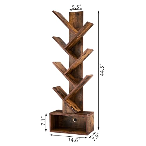 Image of Hoctieon 6 Tier Tree Bookshelf, Tall Bookcase with Drawer, Freestanding Book Shelf, Display Floor Standing Storage Shelf, Book Organizer Shelves for Home Office, Rustic Brown