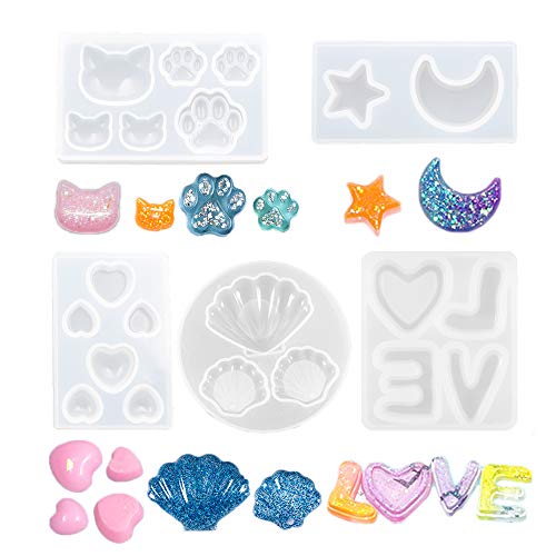 Nifocc Lot de 5 moules en silicone pour collier boucles d'oreilles pendentif en résine époxy en forme de patte de chat amour cœur étoiles lune coquillage pour bricolage et fabrication de bijoux Cover