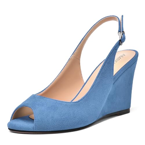 AMBELIGHT Womens Sexy Evening Buckle Suede Solid Slingback Peep Toe Wedge High Heel Pumps Shoes 3.3 Inch