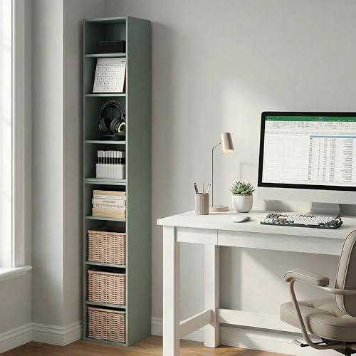 Image of Furinno PASIR Book Shelf, 8-Tier Bookshelf, Bookcase with Open Shelf, 9.3 x 11.8 x 70.9, for Living Room, Bedroom, Home Office, Sage Green