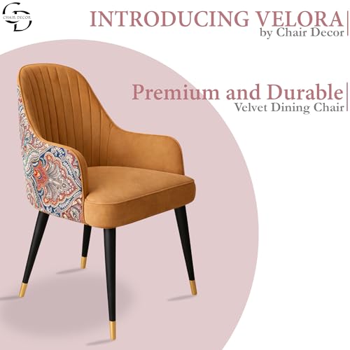 Image of Velvet Accent Chair | Modern Upholstered Dining Chair for Living Room, Office, Lounge & Vanity | Sturdy & Stylish Armchair (Floral, Light Brown)