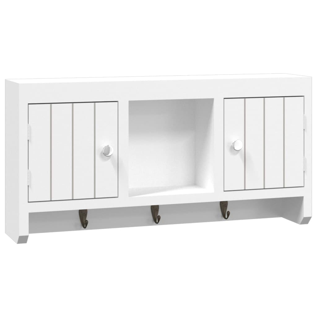 Schlüsselschrank Weiß 40x8,5x20 cm Wand-Schlüsselkasten aus Holzwerkstoff & Stahl mit 3 Haken und 2 Türen Moderner Organizer für Schlüssel Sonnenbrillen und Schmuck