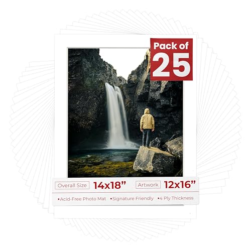 Poster Palooza Pack of 25 Acid Free 14x18 Mats Bevel Cut for 12x16 Photos - White Precut Matboards With Backing Boards and Clear Photo Mat Bags For Pictures, Photos, Framing - 4-ply Thickness