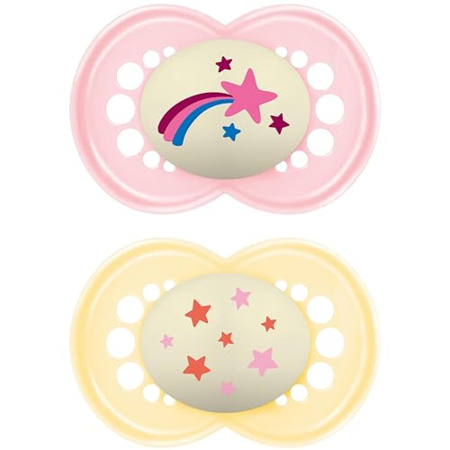 MAM Original Night Soothers | 18-36 Months | 2 Pack | Glow in The Dark Dummies | Comes in Dummy Steriliser Case | Sustainable Materials | Baby Accessories | Pink (Various Designs)