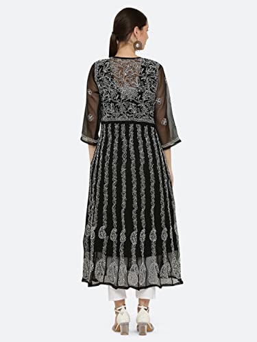 Image of FAWOMENT Women's Georgette Yok Anarkali Kurta with Intricate Lucknowi Chikankari Fine Hand Crafted Embroidery