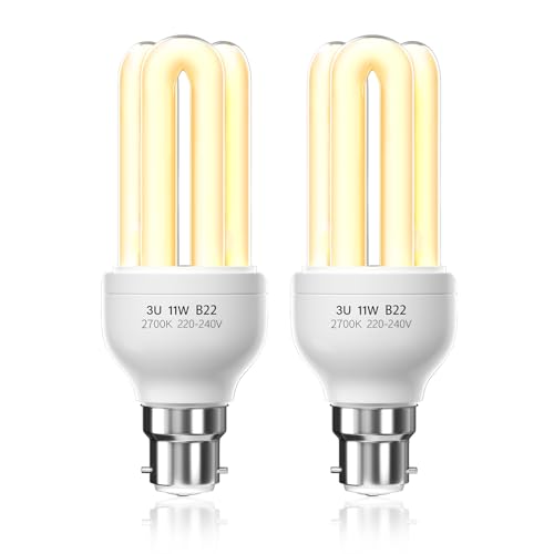 Bonlux B22 Energy Saving Bulb 11W Warm White 2700K, B22d/B22/BC Bayonet Cap, 3U CFL Low Energy Light Bulbs Bayonet, 3U BC Compact Fluorescent Stick Bulbs, AC 220V, Not Dimmable, 2-Pack
