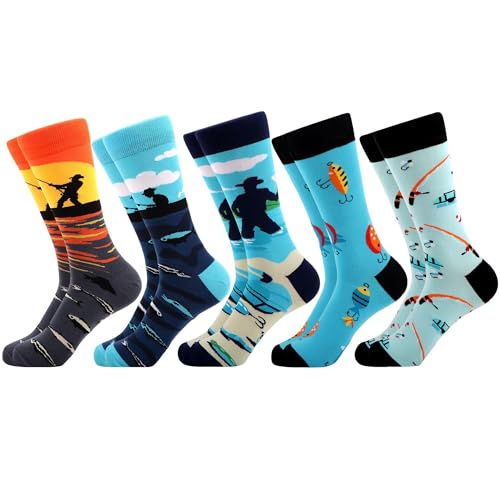 WeciBor Herren Lustige Bunte Baumwolle Socken, 5 Paar Mehrfarbig Angeln, Größe 43-46