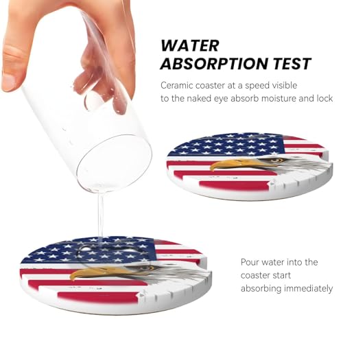 Image of American Flags Eagle Car Coasters for Cup Holder Absorbent Ceramic Cup Coaster 2 Pack Anti Slip Car Interior Accessories with Finger Notch Cork Base for Women Men 2.56 inch