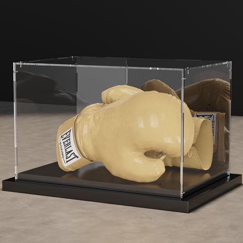 Xiomot Boxing Glove Display Case Acrylic Full Size Display Case Holder Showcase with Mirror Back and Black Metal Grooved Base for Boxing Glove Baseball Mitt