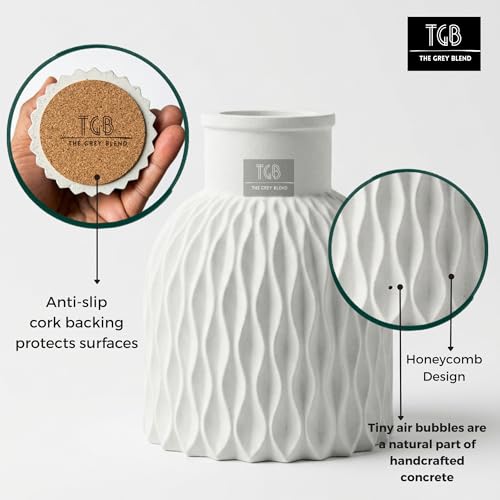 Image of Wave Textured Concrete Vase for Living Room & Table Decor | Sculpted Wave Texture Compact Size 8 x 9 cm, 650g Holds Dried Flowers & Pampas Grass Matte White Finish