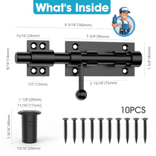 Image of 6.3 Inch Slide Bolt Gate Latch, Barrel Bolt Latch, 4 Pack Black