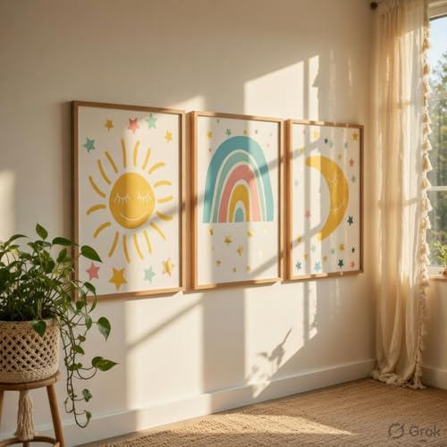 Image of Livin'luxe Kids Nursery Wall Painting Set of 3 with Wooden Frames | Sun Rainbow Moon Kids Room Wall Art | HD Sparkle Printed MDF Cartoon Wall Decor for Baby Room, Nursery, Playroom & Bedroom