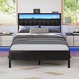 Furnulem Full Size Bed Frame with Charging Station and LED Lights, Platform Bed with Metal Slats, Grey Upholstered Headboard with 2-Tier Storage Shelves, No Box Spring Needed