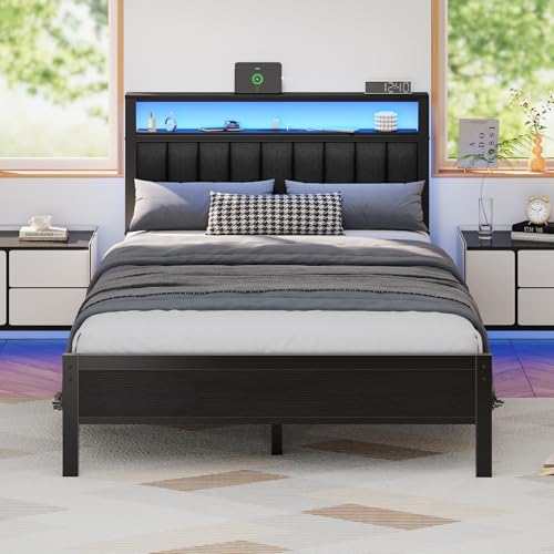 Furnulem Bed Frame with Charging LED Lights Storage