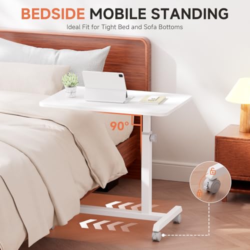 Image of GTPLAYER Small Standing Desk, 24 Inches Mobile Rolling Laptop PC Table with Lockable Casters, Adjustable Height Overbed Bedside Table Computer Workstation for Home Office, White-Fixed