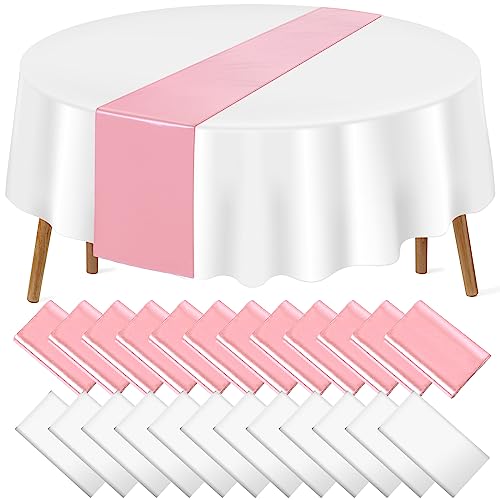 Image of 24 Pack 12x108 Inch Satin Table Runner and 84 Inch Round Plastic Tablecloths Set White and Rose Gold Disposable Round Table Cover for Graduation Wedding Bridal Anniversary Birthday Party Decorations