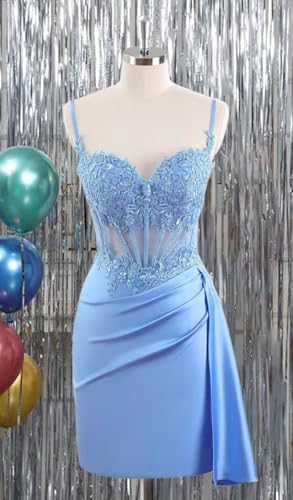 Spaghetti Straps Short Homecoming Dresses for Teens Satin Lace Applique Prom Cocktail Dress HO302